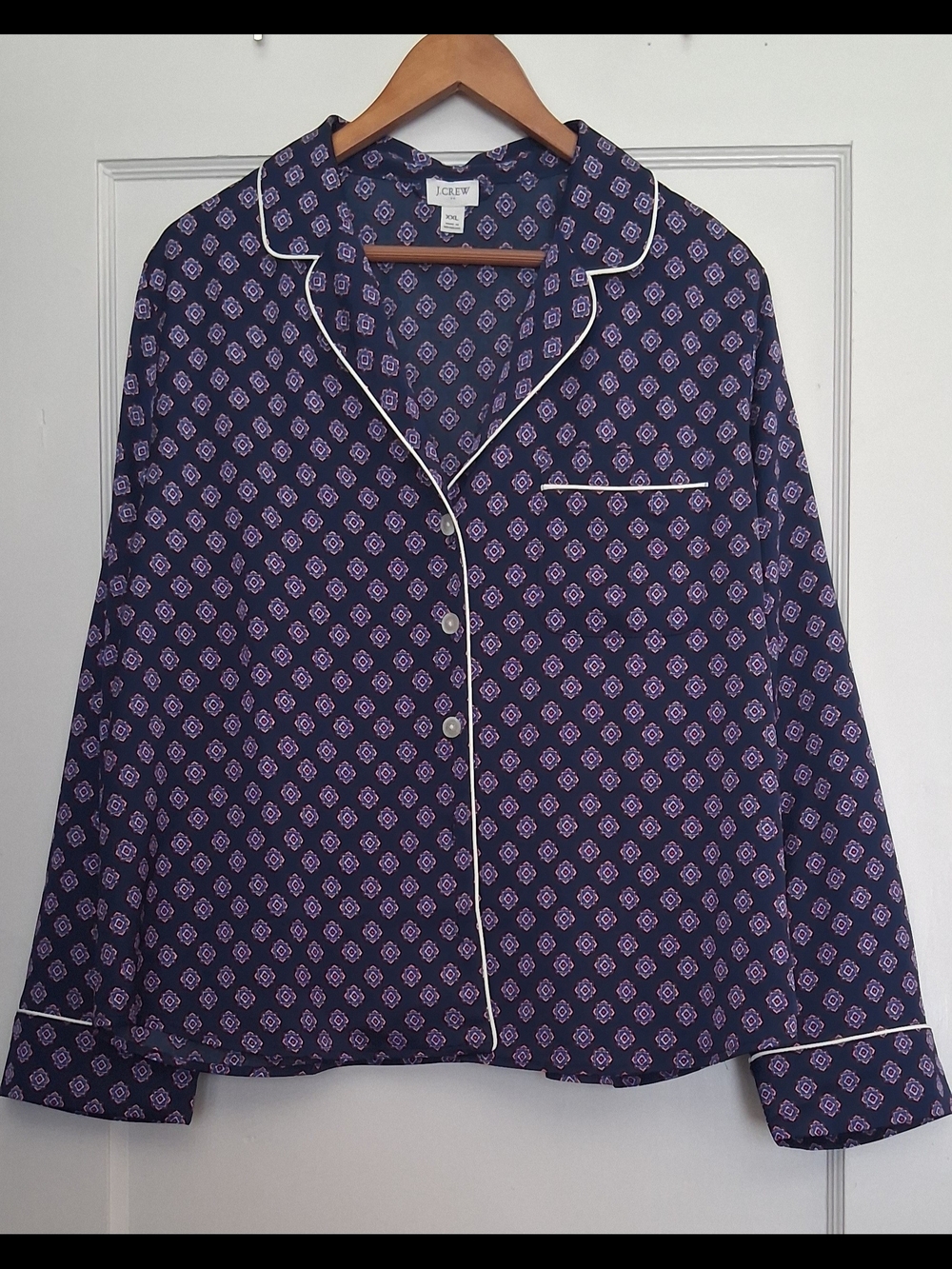 J.Crew Pajama‑Style Button‑Down Top • XXL • Geometric Print • White Piping